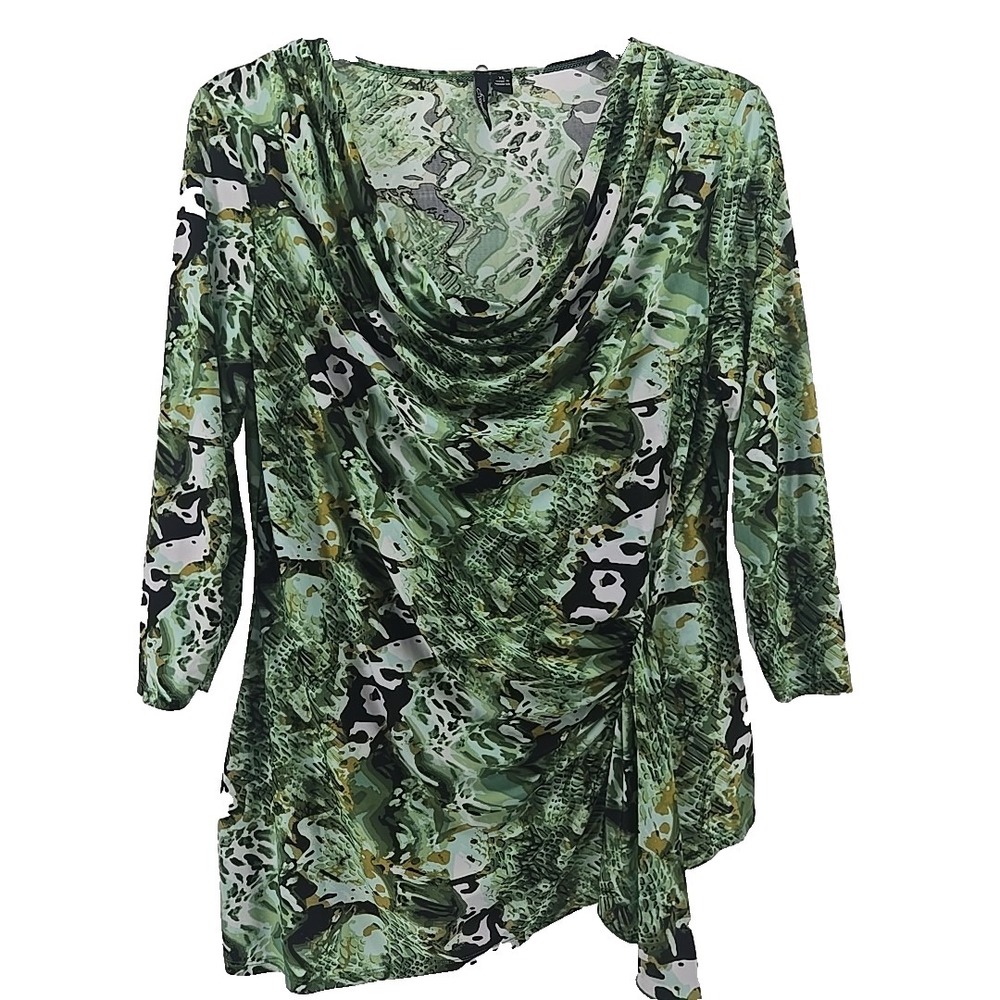 Essentials By Milano Green Animal Print Stretch Knit Drape Ruched 3/4 Sleeve Top